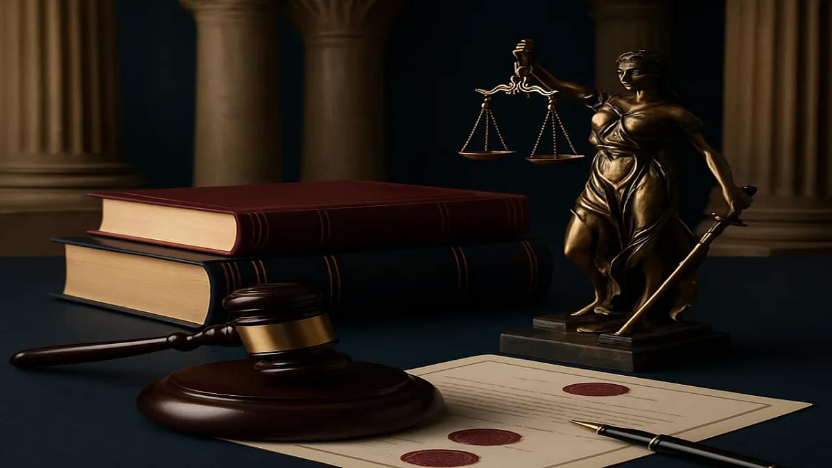 الطعن بالتزوير دفاع جوهري منتج في محكمة النقض 2025 1 عناصر العدالة والقانون المصري: ميزان العدالة مع أوراق قانونية وأعمدة معمارية بتصميم احترافي وألوان سلطوية