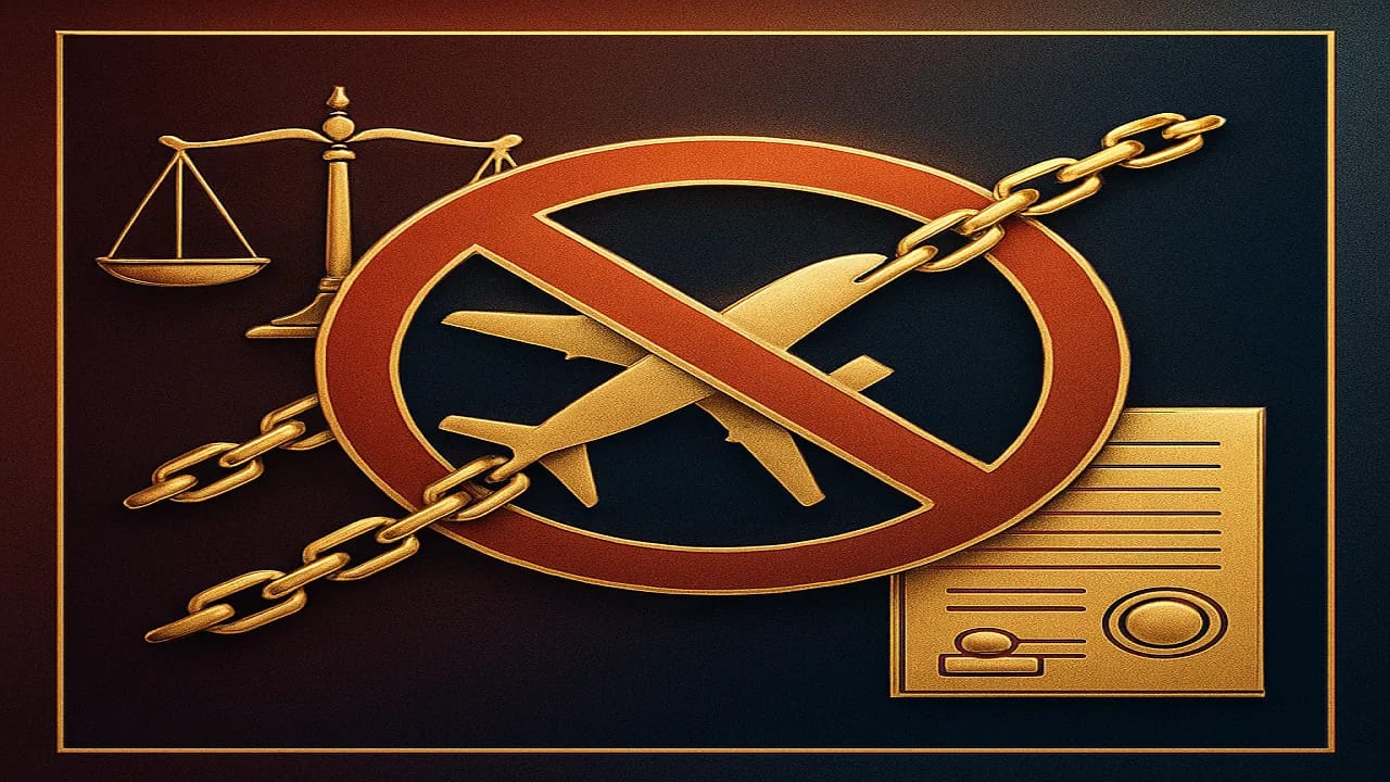 الغاء قرار المنع من السفر: الإجراءات القانونية والتظلم 2025 5 صورة احترافية تعبر عن المنع من السفر: طائرة مقيدة بسلاسل ذهبية، جواز سفر، علامة منع، ميزان العدالة، وشعار المحكمة على خلفية زرقاء داكنة